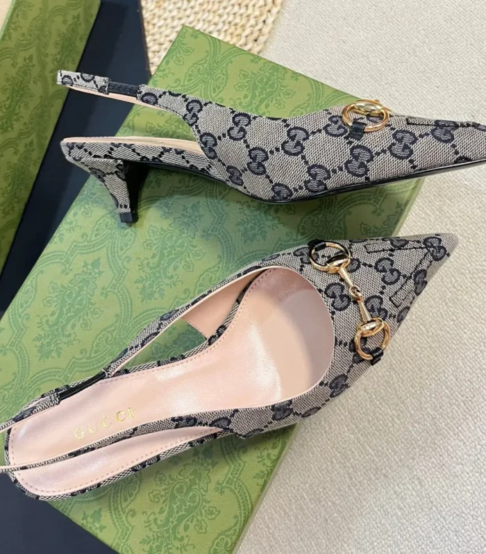 GC Horsebit Slingback Pump 50mm Beige mix Blue Canvas Sheepskin 294559