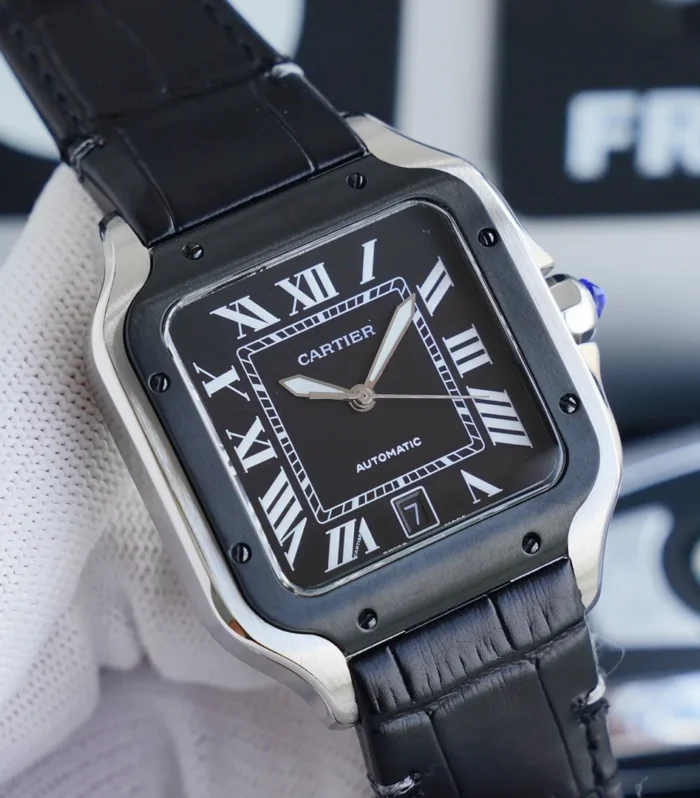 SANTOS 40MM STAINLESS STEEL BLACK BEZEL LEATHER STRAP