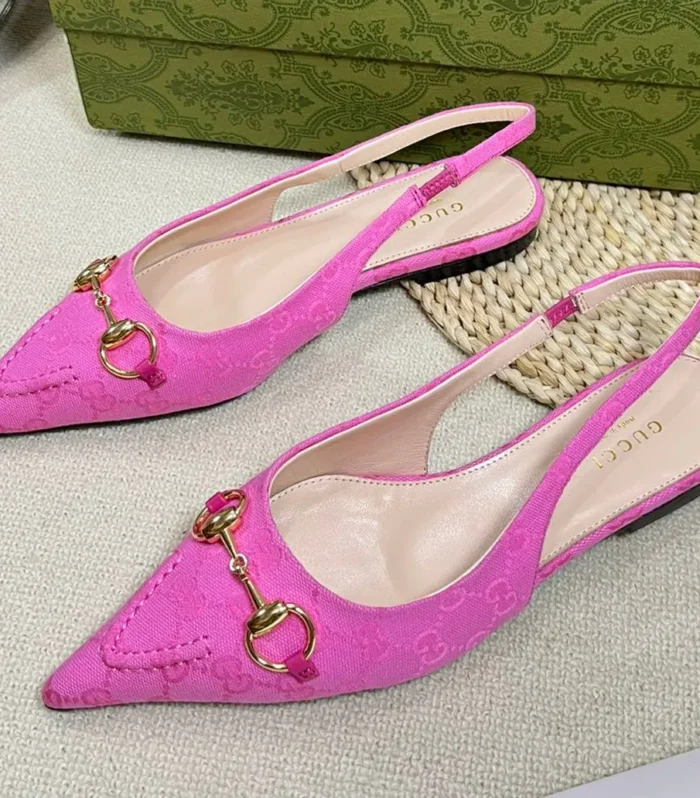 GC Horsebit Slingback Pump 10mm Pink Canvas Sheepskin 294543