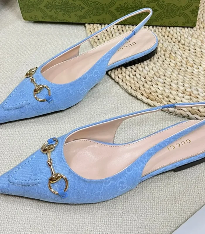 GC Horsebit Slingback Pump 10mm Blue Canvas Sheepskin 294542