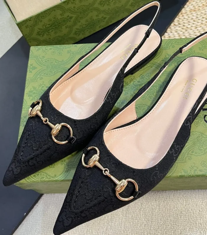 GC Horsebit Slingback Pump 10mm Black Canvas Sheepskin 294552