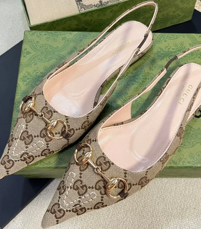 GC Horsebit Slingback Pump 10mm Beige mix Brown Canvas Sheepskin 294554