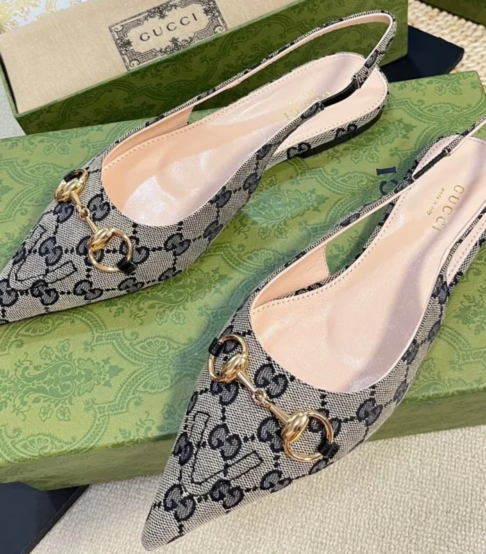 GC Horsebit Slingback Pump 10mm Beige mix Blue Canvas Sheepskin 294553