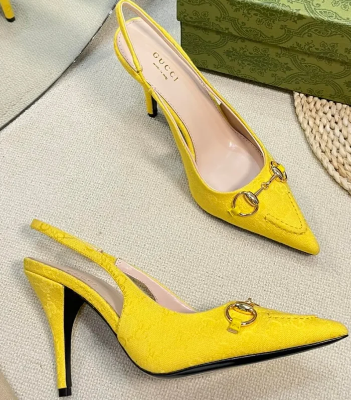 GC Horsebit Slingback Pump 100mm Yellow Canvas Sheepskin 294549