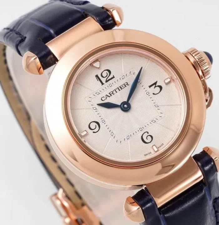 Pasha 30mm Quartz Pink Gold Case White Dial Navy Blue Strap