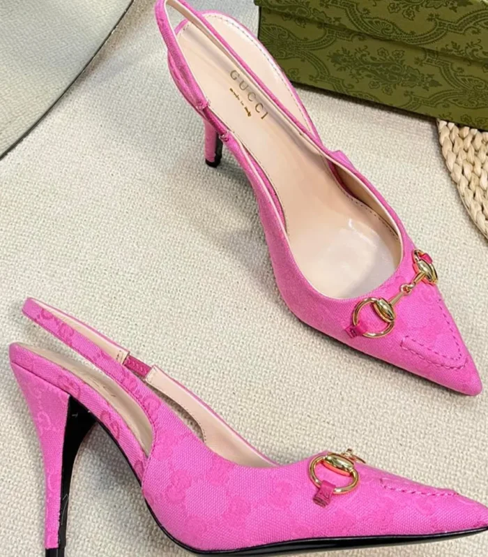 GC Horsebit Slingback Pump 100mm Pink Canvas Sheepskin 294551