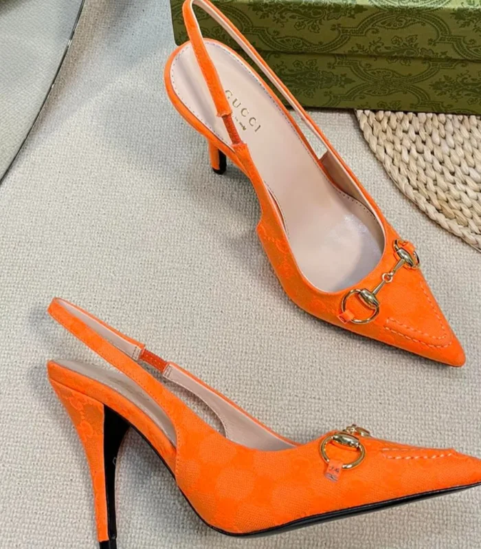 GC Horsebit Slingback Pump 100mm Orange Canvas Sheepskin 294548