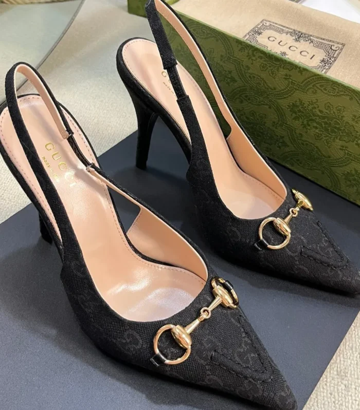 GC Horsebit Slingback Pump 100mm Black Canvas Sheepskin 294564