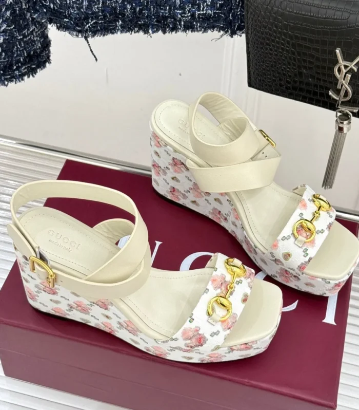 GC Floral Platform Wedge Sandal White Mix Flower lambskin