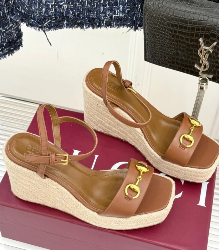GC Floral Platform Wedge Sandal Brown Mix Beige lambskin