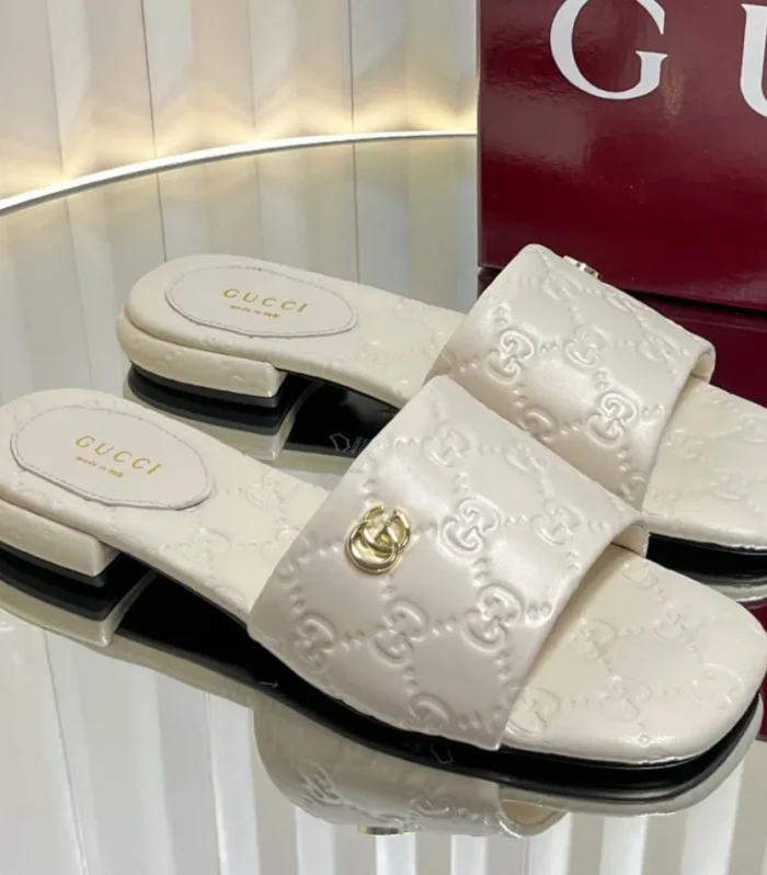 GC Double G Slide Sandals White Embossed Leather 294635