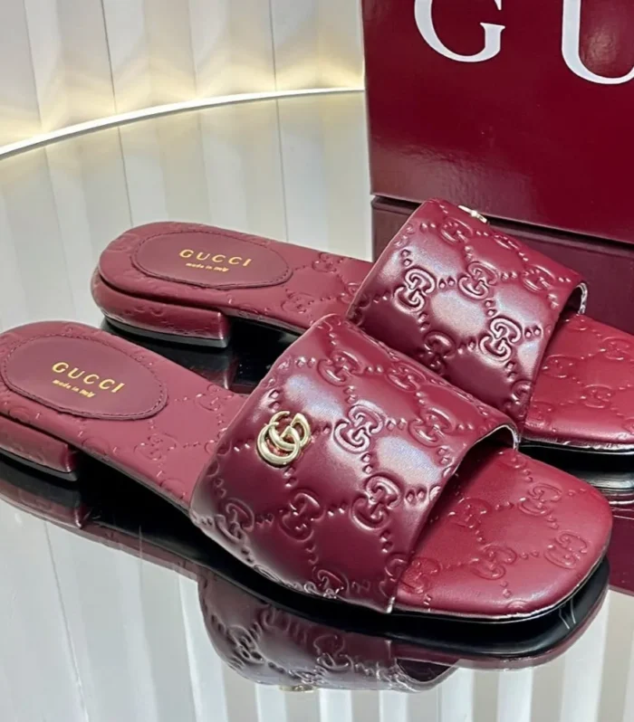 GC Double G Slide Sandals Rosso Ancora Red Embossed Leather 294634