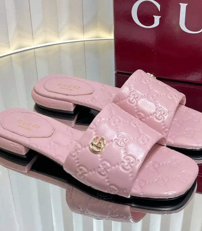 GC Double G Slide Sandals Pink Embossed Leather 294633