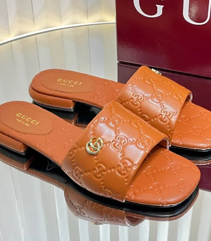 GC Double G Slide Sandals Brown Embossed Leather 294631