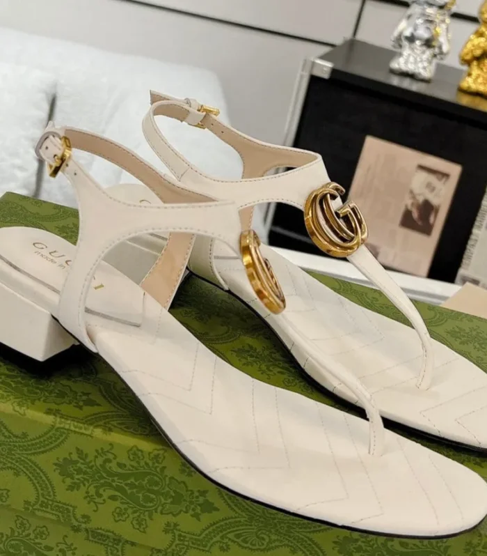 GC Double G Block Heel Thong Sandals White Leather 292408
