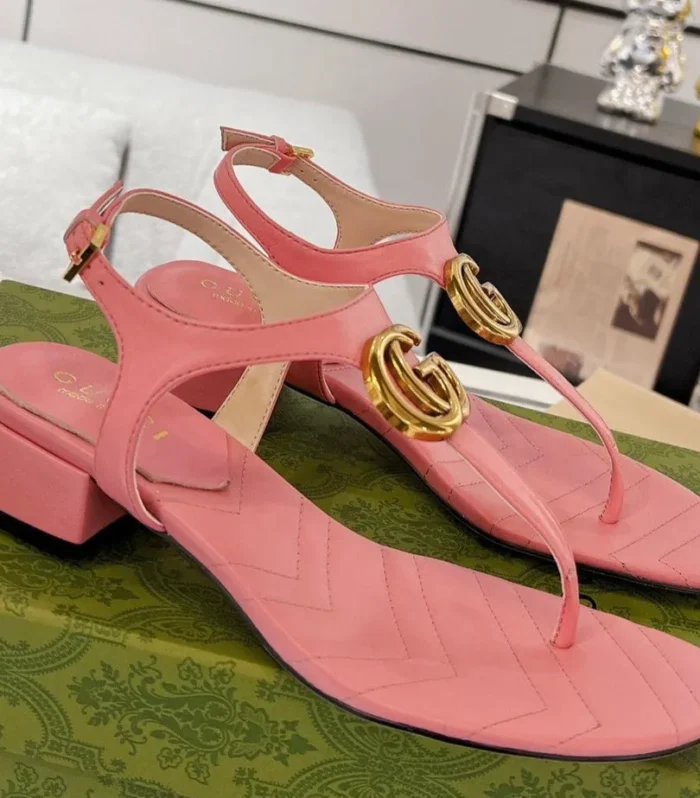 GC Double G Block Heel Thong Sandals Pink Leather 292409