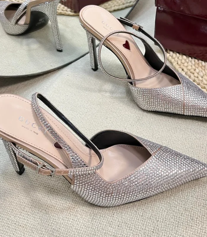 GC Crystal-Embellished Slingbacks Silver Silk Sheepskin 294610