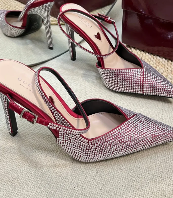 GC Crystal-Embellished Slingbacks Red Silk Sheepskin 294609
