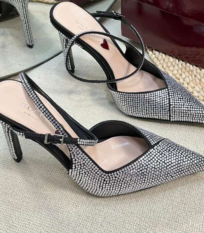 GC Crystal-Embellished Slingbacks Black Silk Sheepskin 294611