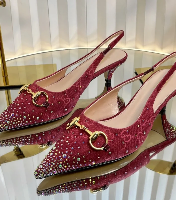 GC Crystal Horsebit Slingback 50mm Red Canvas lambskin 294615