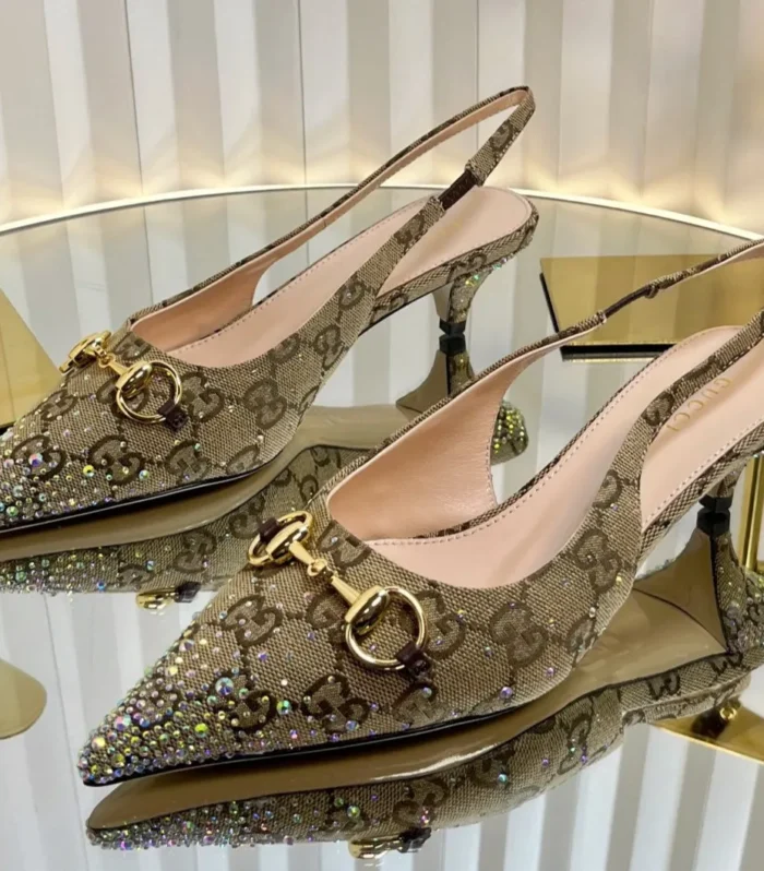 GC Crystal Horsebit Slingback 50mm Beige mix Ebony Canvas lambskin 294617