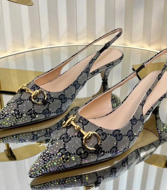 GC Crystal Horsebit Slingback 50mm Beige mix Blue Canvas lambskin 294616