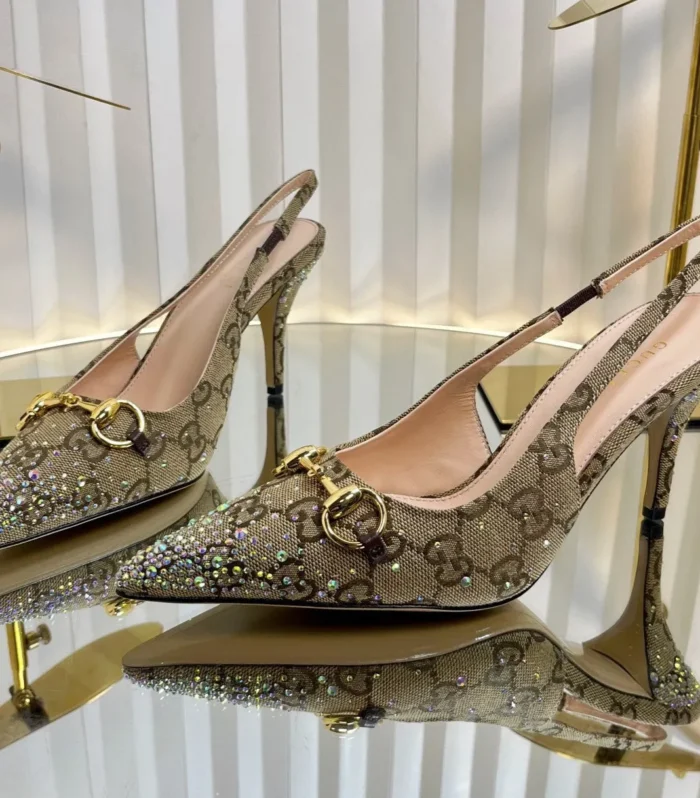 GC Crystal Horsebit Slingback 100mm Beige mix Ebony Canvas lambskin 294620