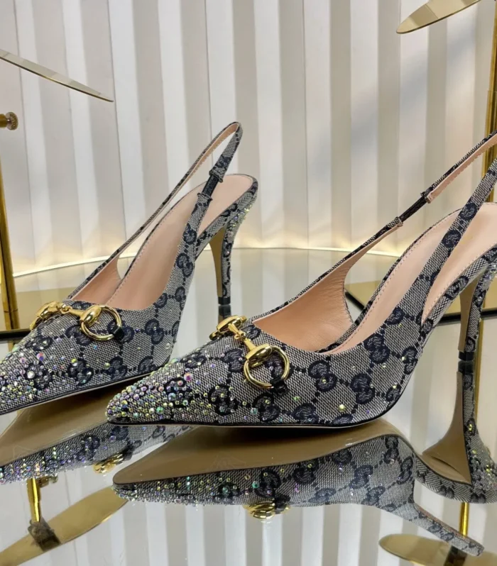GC Crystal Horsebit Slingback 100mm Beige mix Blue Canvas lambskin 294619