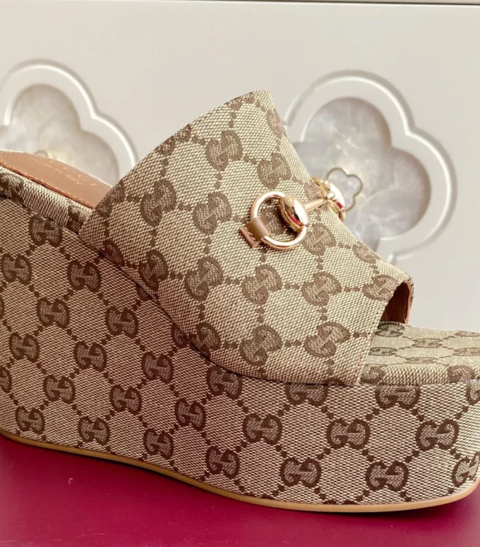 GC 25 Wedge With Horsebit Sandal Beige and Dark Brown Canvas 291029