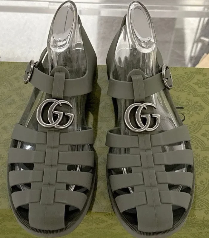 GC 25 Silver Double G Sandal Dark Green Rubber 292429