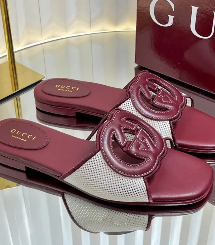 GC 25 Interlocking G Slide Sandal Rosso Ancora Red Canvas Cowhide 294644