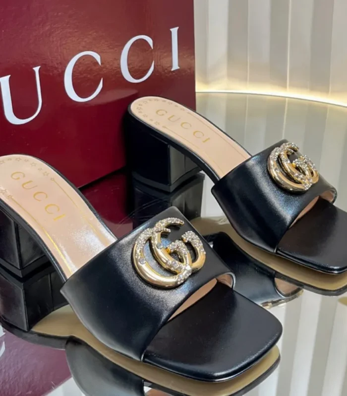 GC 25 Interlocking G Heeled Sandal Black Patent Leather 294642