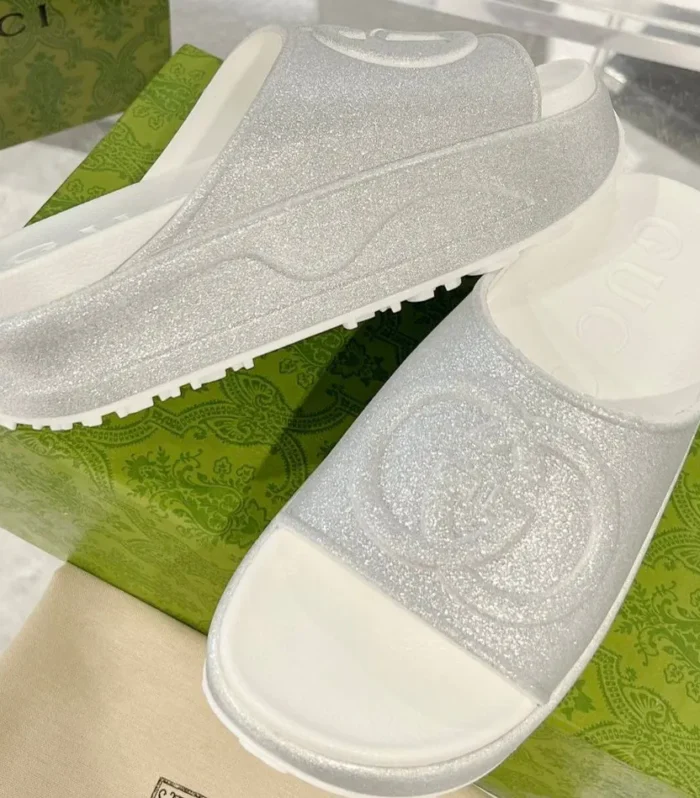 GC 25 Interlocking G 50mm Slide Sandal Gray White Cowhide 292387
