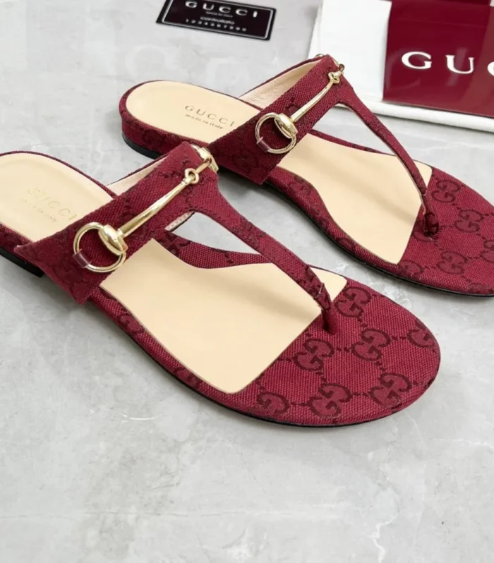 GC 25 Horsebit Thong Sandals Red Canvas Leather 293853