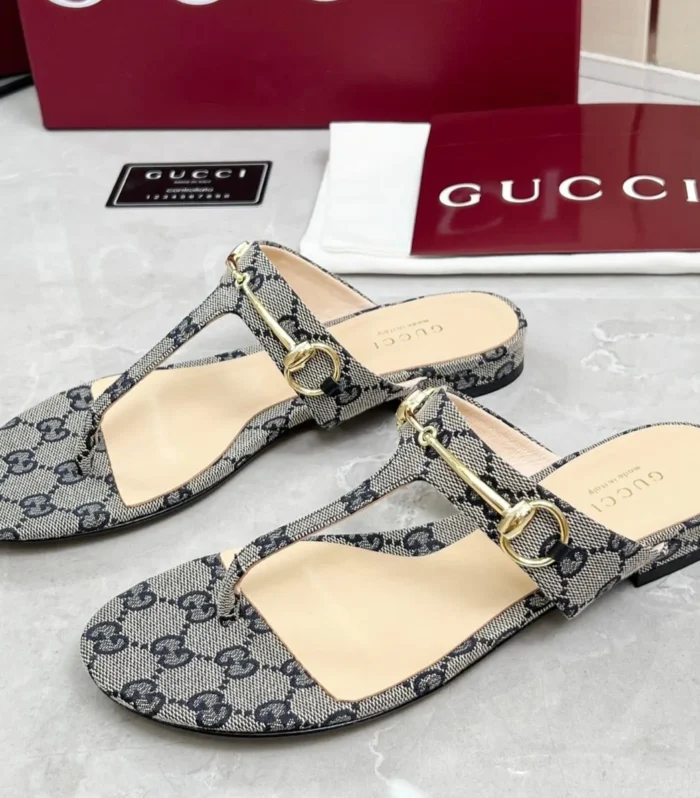 GC 25 Horsebit Thong Sandals Gray Canvas Leather 293854