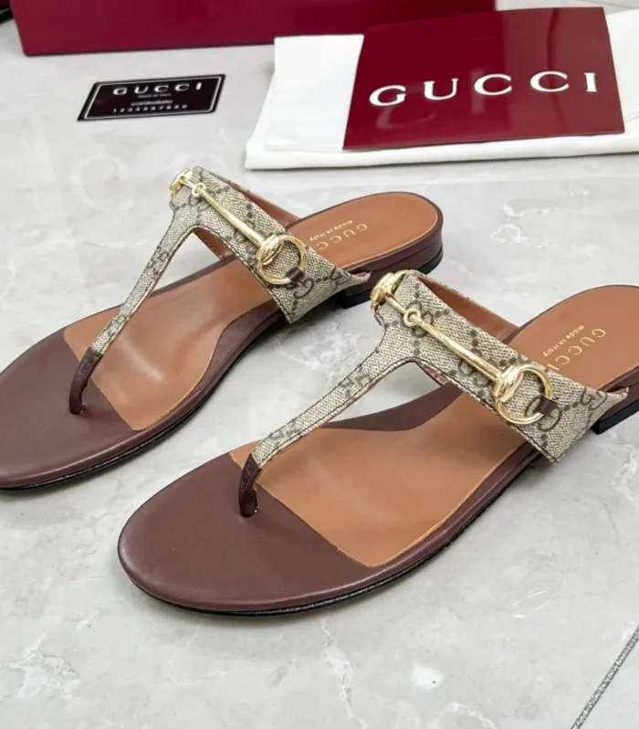 GC 25 Horsebit Thong Sandals Brown Canvas Leather 293854