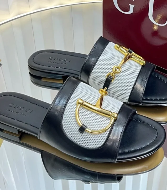 GC 25 Horsebit GG Sandals Black Canvas Sheepskin 294664