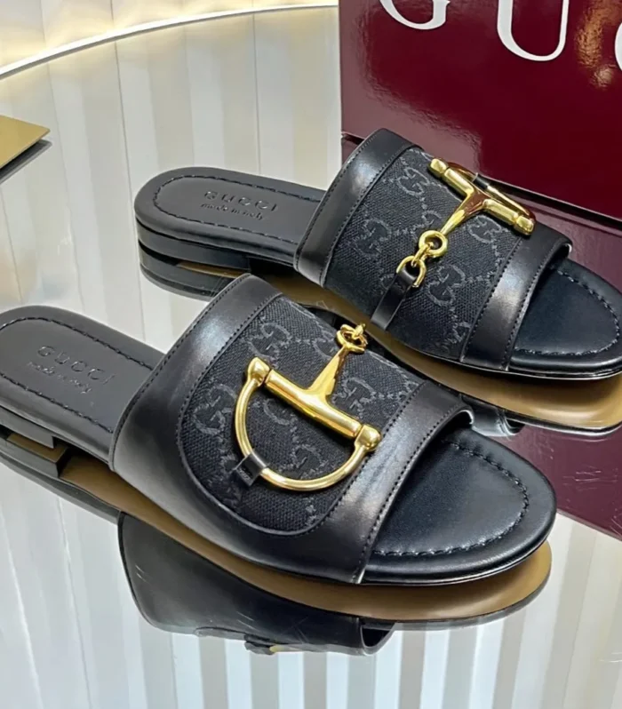 GC 25 Horsebit GG Sandals Black Canvas 294676