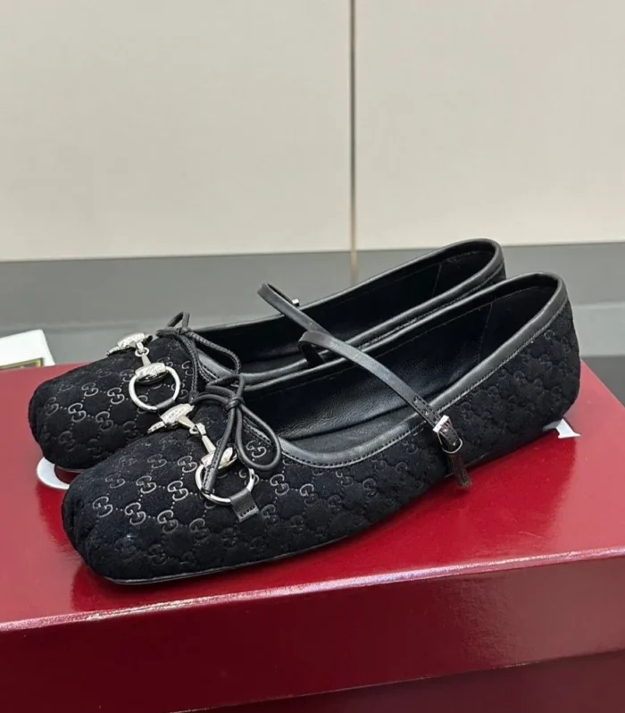 GC 25 Horsebit Ballet Flat Black Monogram Suede