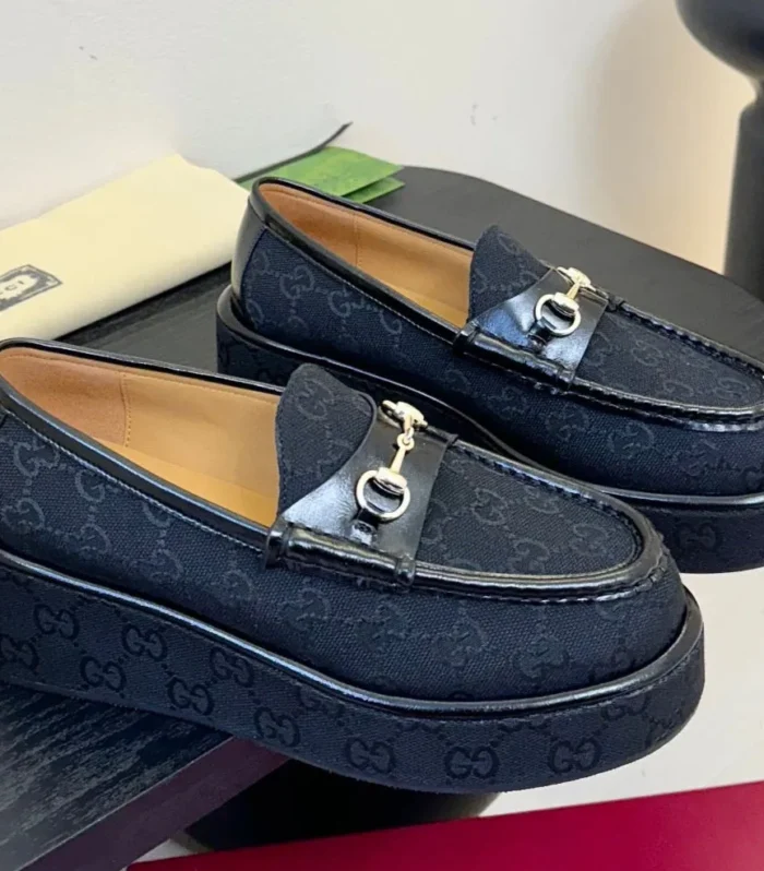 GC 2025 Horsebit Wedge Loafer Navy Blue Canvas Cowhide 296841