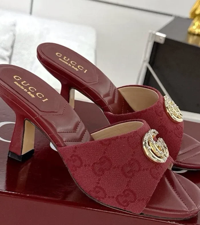 GC 2025 Double G High Heel Sandals Red Canvas Sheepskin 292467