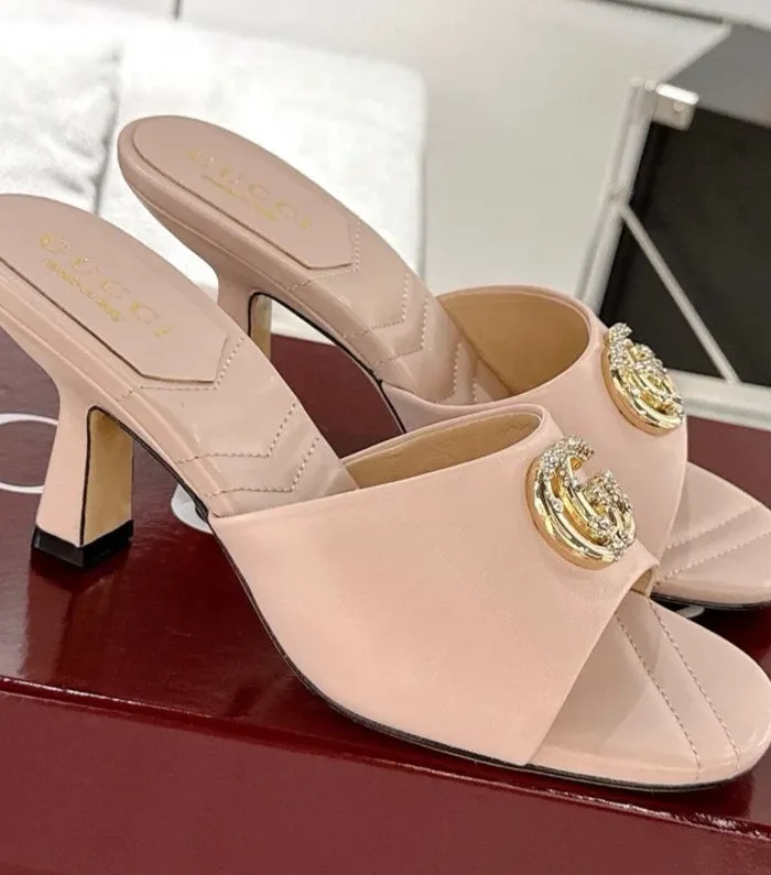GC 2025 Double G High Heel Sandals Pink Sheepskin 292471