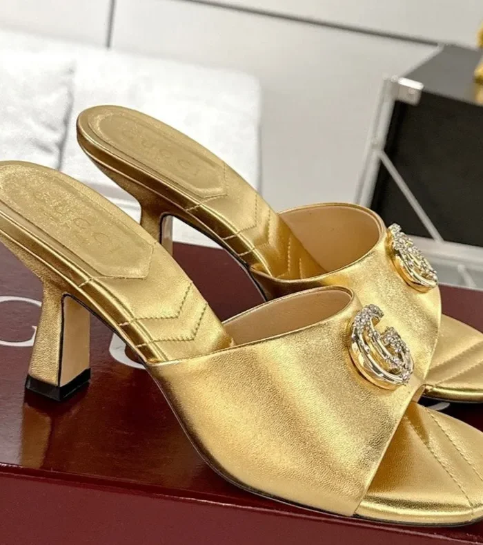 GC 2025 Double G High Heel Sandals Gold Sheepskin 292472