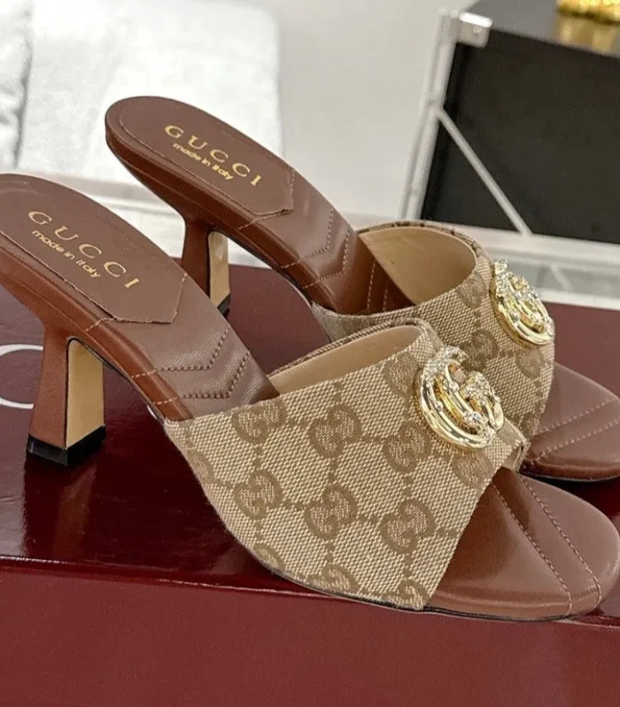 GC 2025 Double G High Heel Sandals Brown Canvas Sheepskin 292466