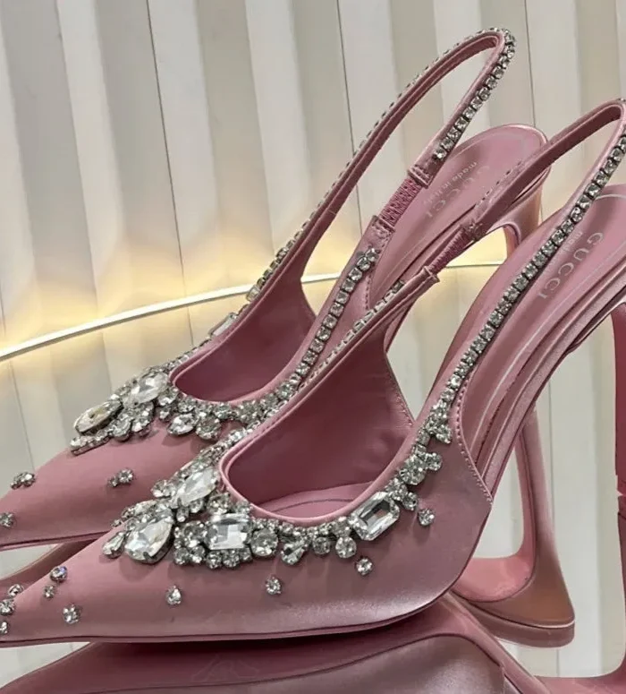 GC 2025 Crystal Embellished High Heels Slingbacks Pink Silk Sheepskin 294524