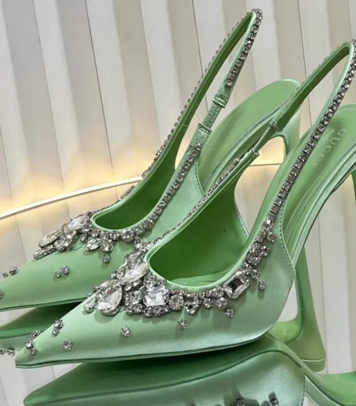 GC 2025 Crystal Embellished High Heels Slingbacks Green Silk Sheepskin 294525