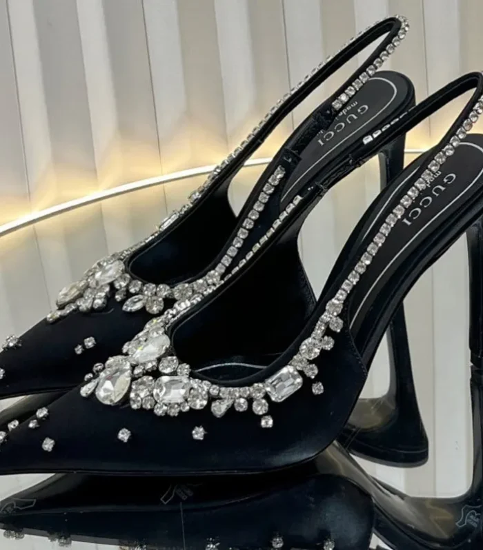 GC 2025 Crystal Embellished High Heels Slingbacks Black Silk Sheepskin 294523