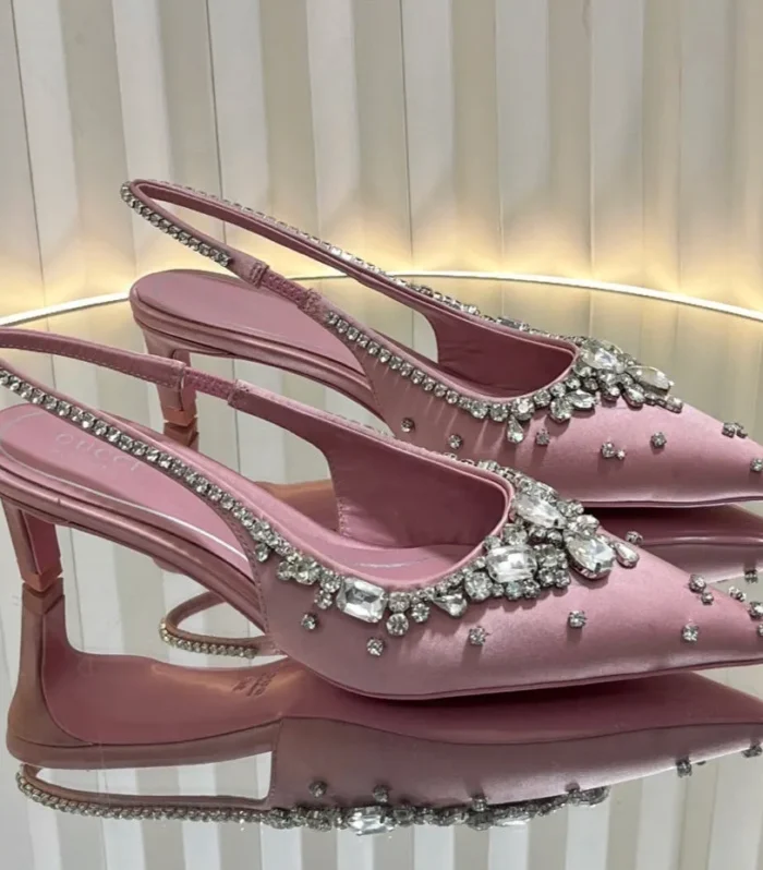 GC 2025 Crystal Embellished 55mm High Heels Slingbacks Pink Silk Sheepskin 294527