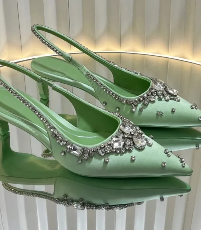 GC 2025 Crystal Embellished 55mm High Heels Slingbacks Green Silk Sheepskin 294528