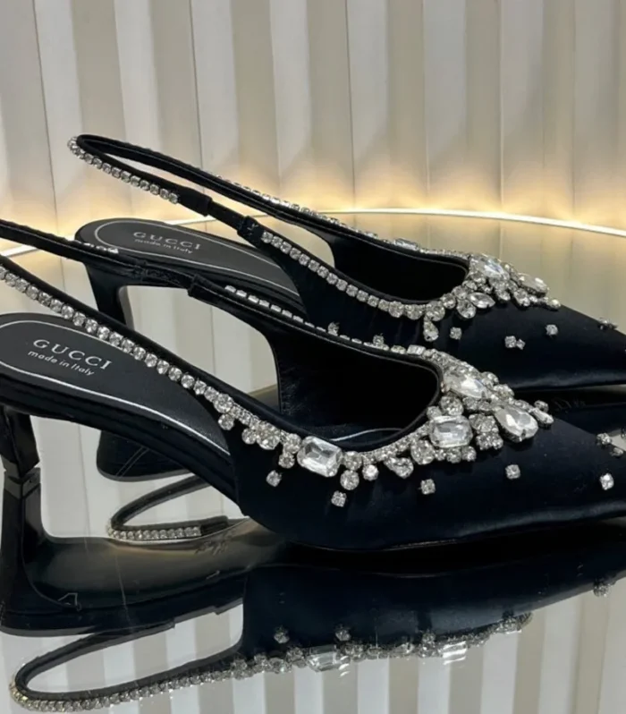 GC 2025 Crystal Embellished 55mm High Heels Slingbacks Black Silk Sheepskin 294526